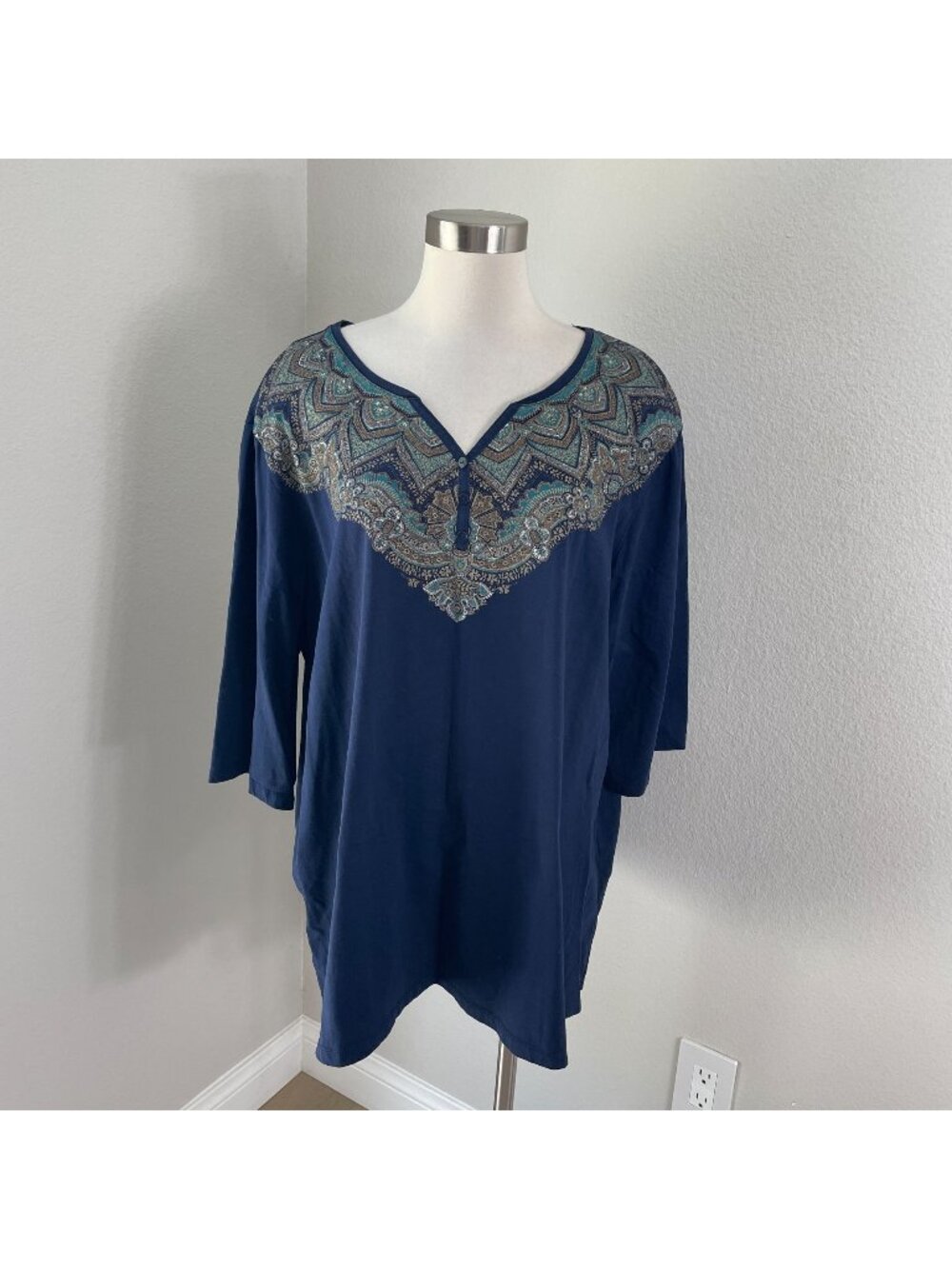 Catherines Easy Fit Tees Womens Plus 2X‎ Navy Tunic Top 3/4 Sleeves Cotton Shirt